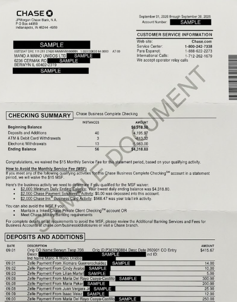 Sample bank statement marked as a sample, showing the account holder's name and bank with private details blacked out
