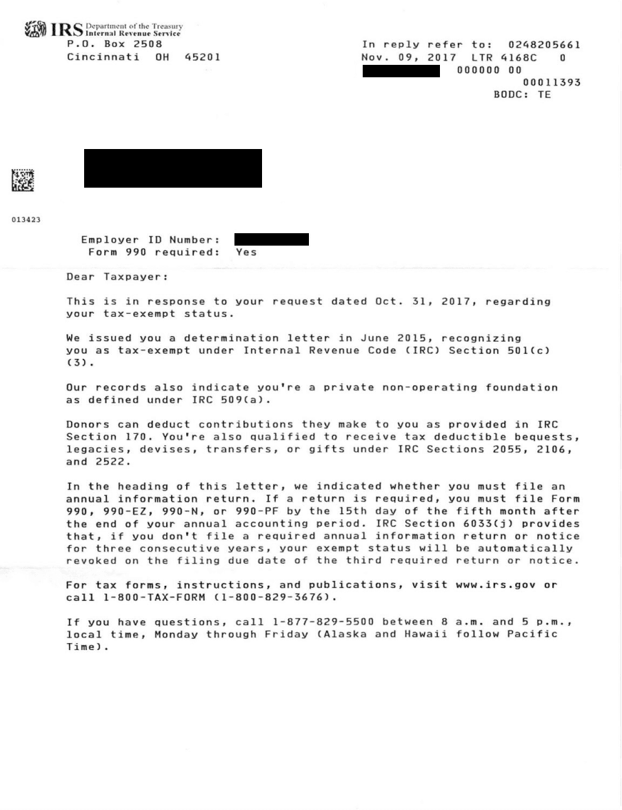 Sample IRS letter confirming recognition of tax-exempt status under Section 501(c)(3), with private details blacked out