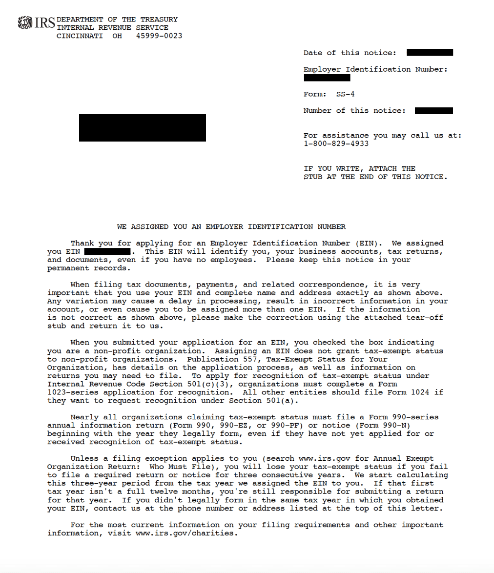 Sample IRS CP 575 E notice assigning an Employer Identification Number, with private details blacked out
