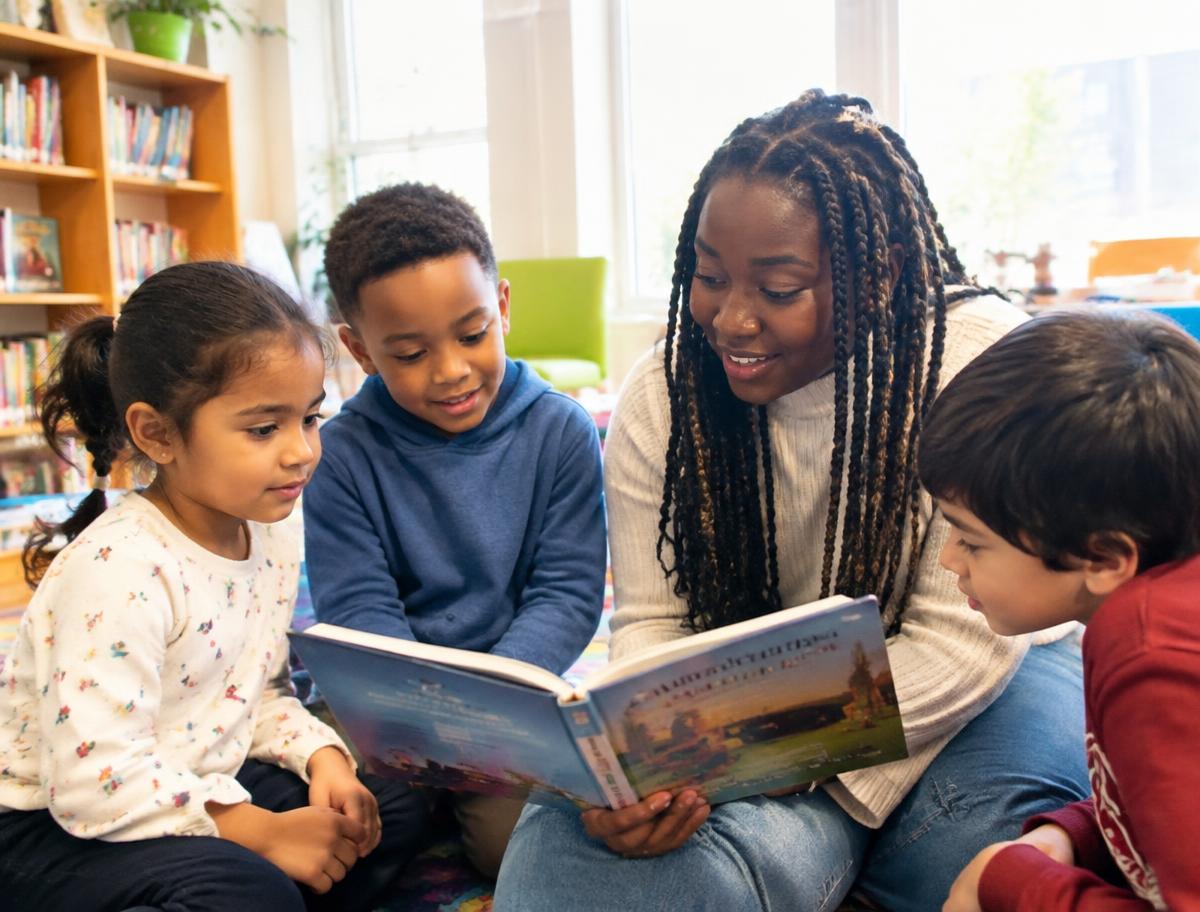 A mentor reading a picture book with young children in a library